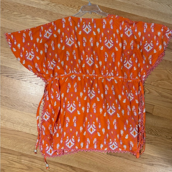 Mud pie beach coverup Orange / pink with pom-pom trim adjustable drawstring L/XL - Picture 6 of 7